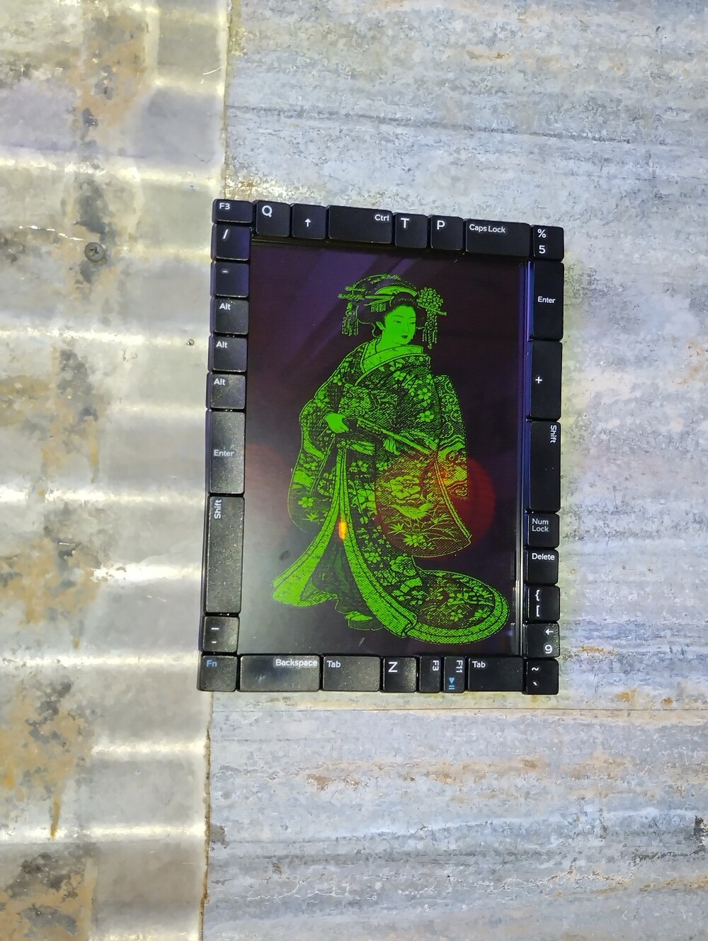 Geisha With Shotgun Retro Computer Style Framed Art Print In Keyboard Frame